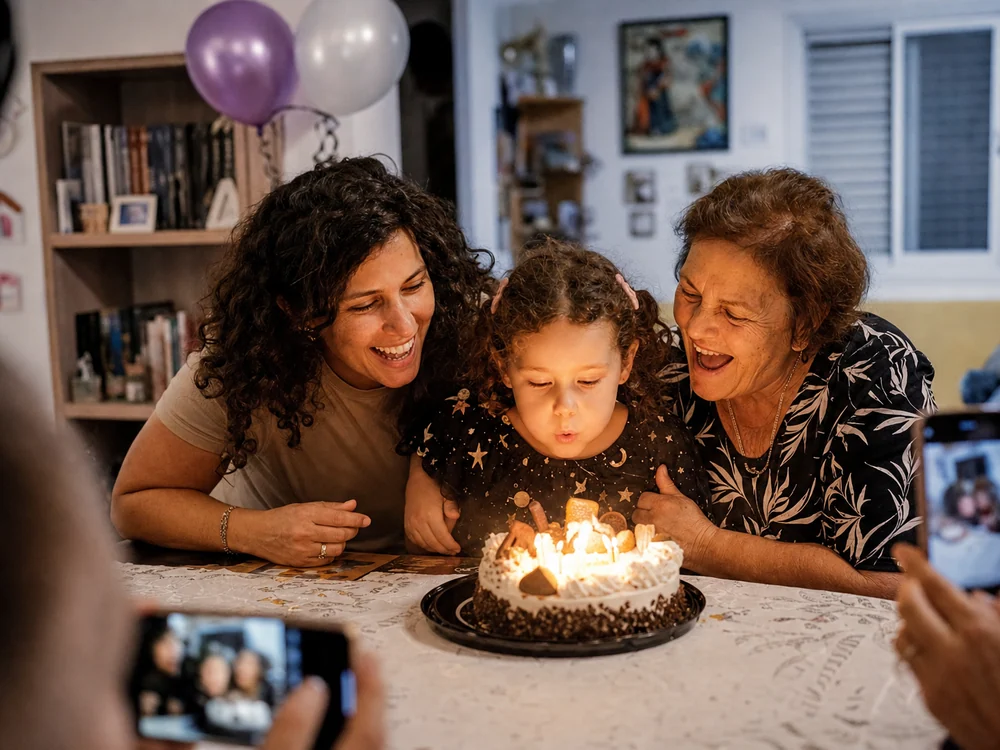 Candles up close, balloons and three generations in one frame